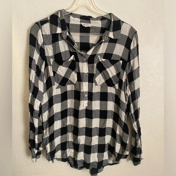 💥Lucky Brand Women Buffalo Plaid Buttons Down Top Black & White M - Picture 2 of 12